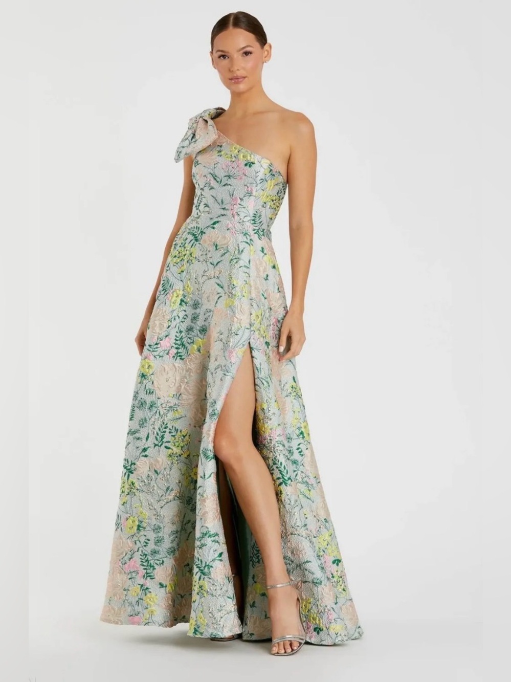 Mac Duggal One-Shoulder Floral Jacquard Brocade Gown Pastel Green Pink Yellow